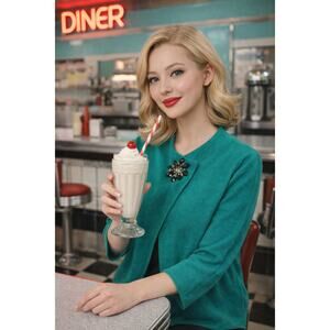 JM Collection Cardigan Women M Kelly Green Cape Style Flor Brooch Applique Retro